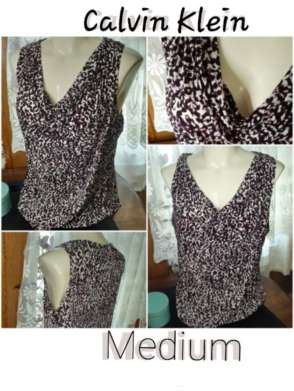 Calvin Klein Sleeveless Cowlneck Medium Animal Print Eggplant Black Taupe